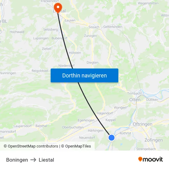 Boningen to Liestal map