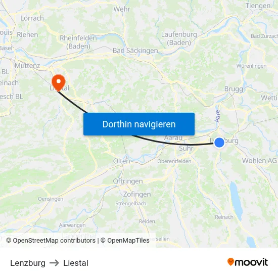 Lenzburg to Liestal map