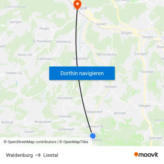Waldenburg to Liestal map