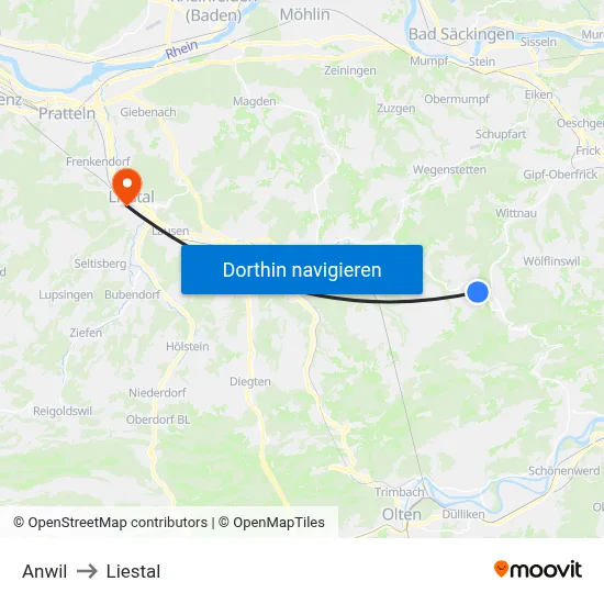 Anwil to Liestal map
