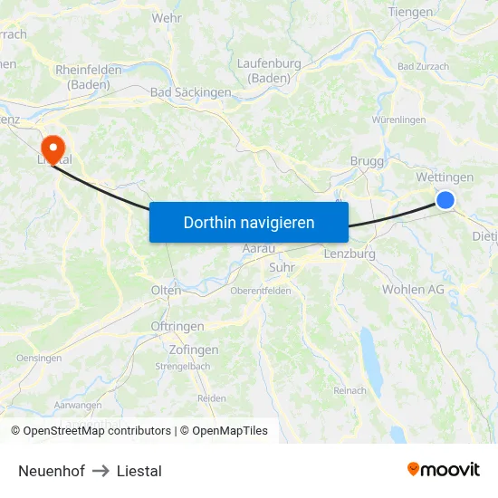 Neuenhof to Liestal map