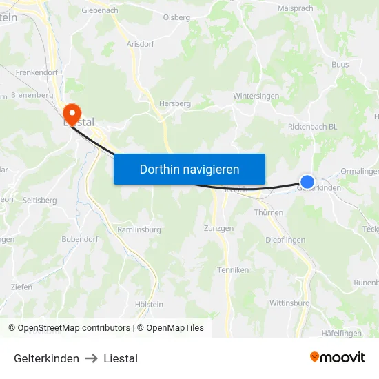 Gelterkinden to Liestal map