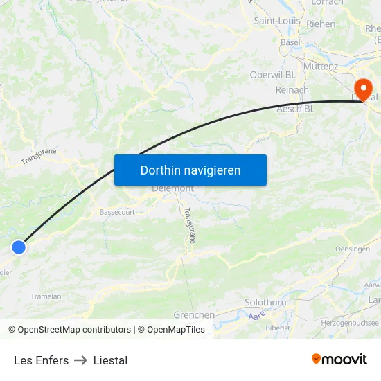 Les Enfers to Liestal map