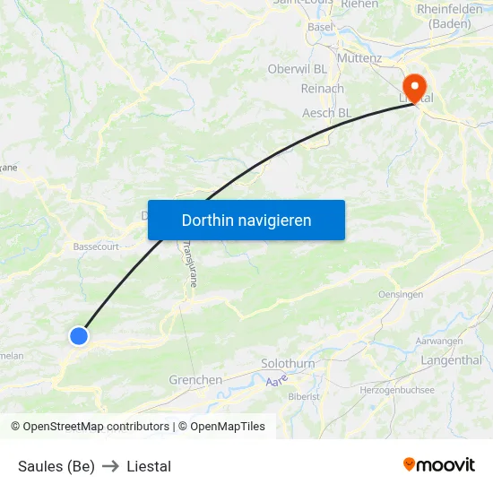 Saules (Be) to Liestal map
