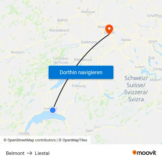 Belmont to Liestal map