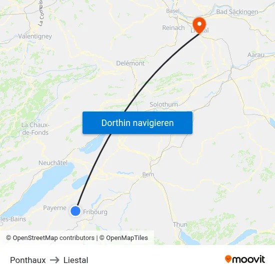 Ponthaux to Liestal map