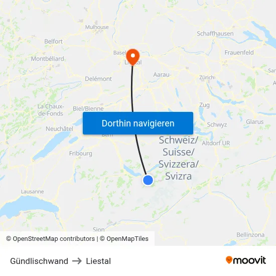 Gündlischwand to Liestal map