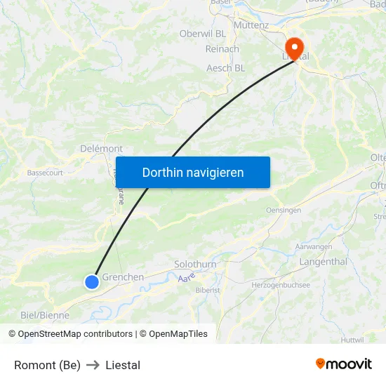 Romont (Be) to Liestal map