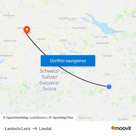 Lantsch/Lenz to Liestal map