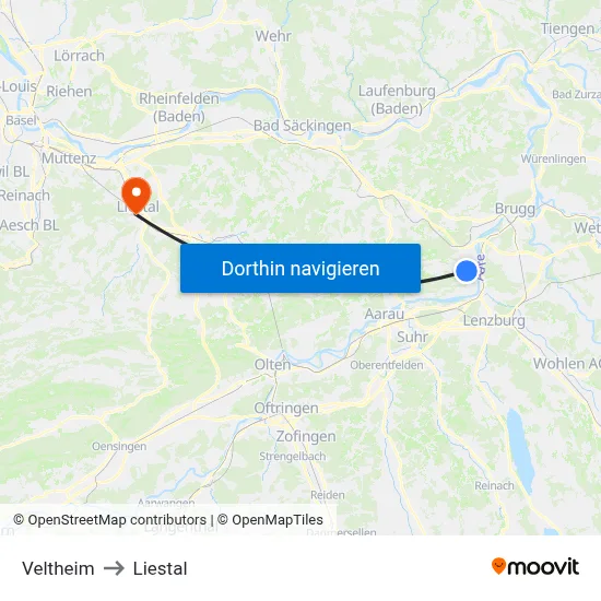 Veltheim to Liestal map