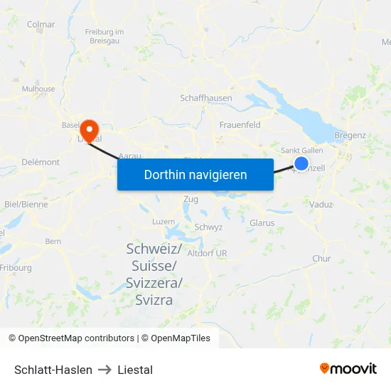 Schlatt-Haslen to Liestal map