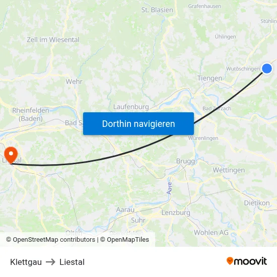 Klettgau to Liestal map