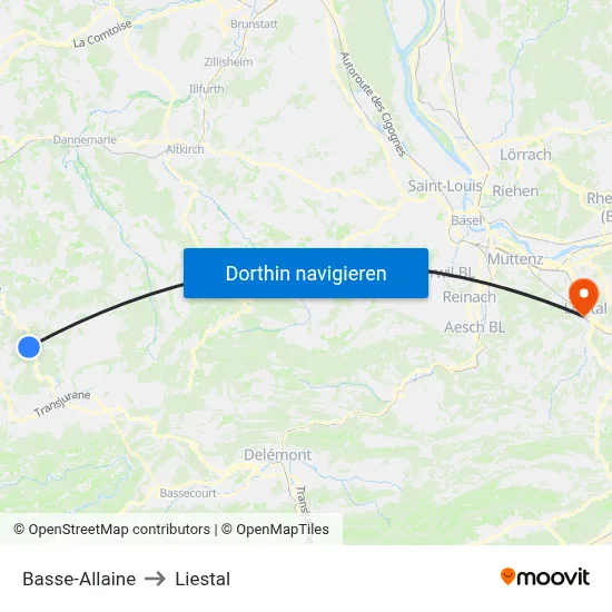 Basse-Allaine to Liestal map