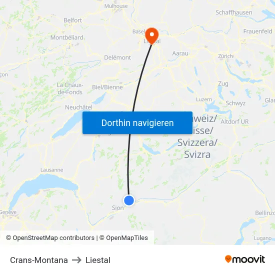 Crans-Montana to Liestal map