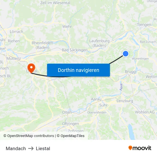 Mandach to Liestal map