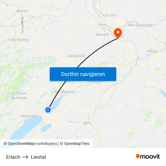 Erlach to Liestal map