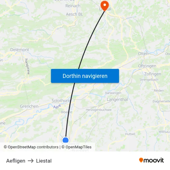 Aefligen to Liestal map