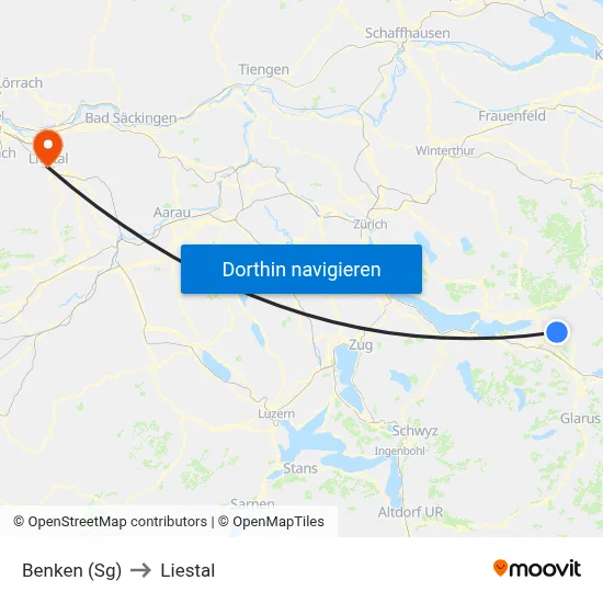 Benken (Sg) to Liestal map