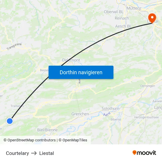 Courtelary to Liestal map