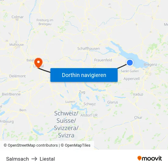 Salmsach to Liestal map