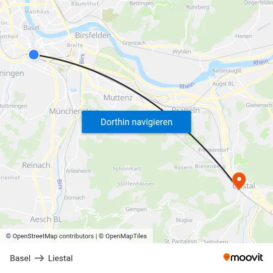 Basel to Liestal map