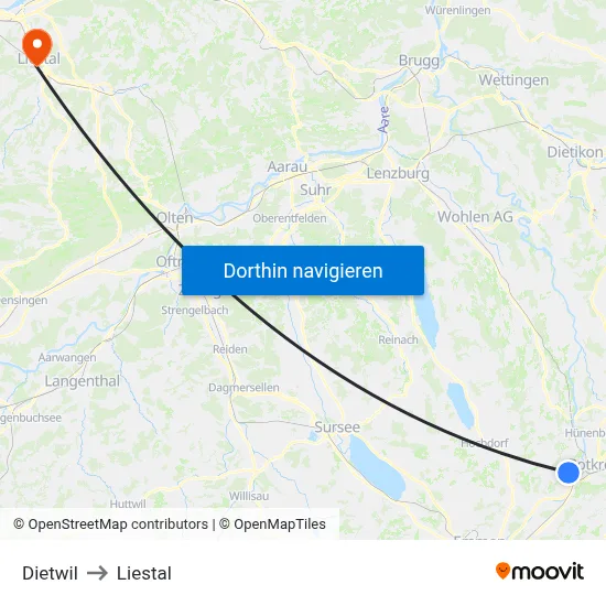 Dietwil to Liestal map