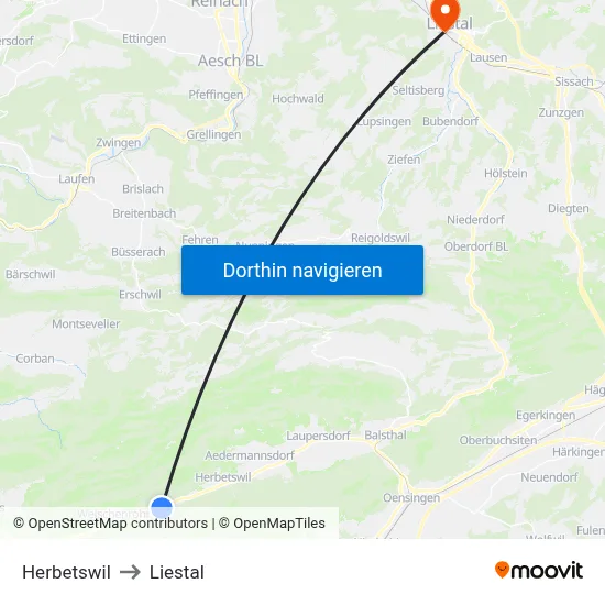 Herbetswil to Liestal map