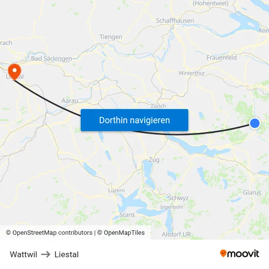 Wattwil to Liestal map