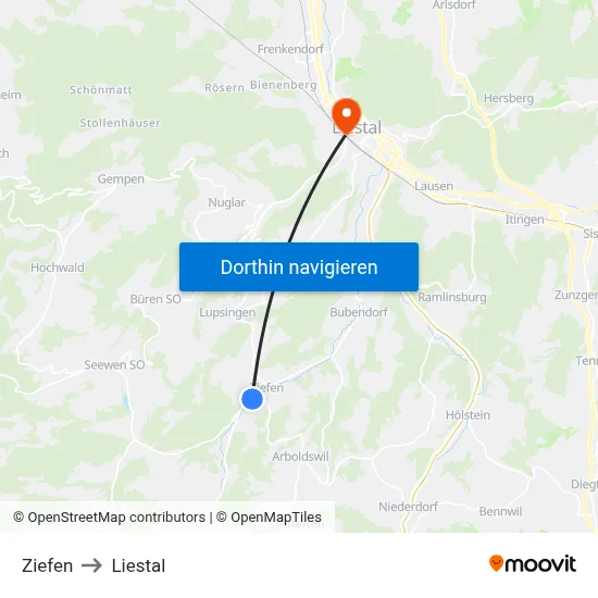 Ziefen to Liestal map