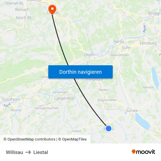 Willisau to Liestal map