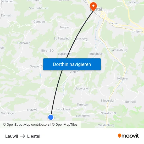 Lauwil to Liestal map