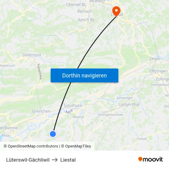 Lüterswil-Gächliwil to Liestal map
