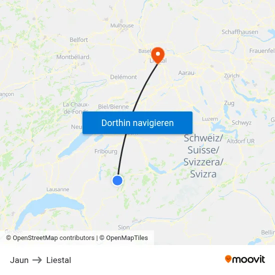 Jaun to Liestal map
