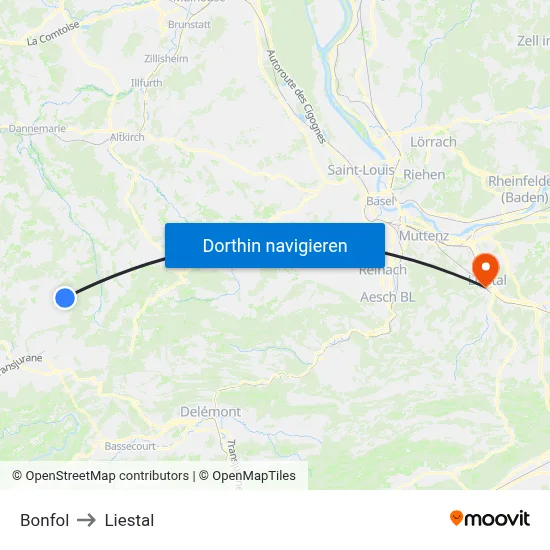 Bonfol to Liestal map