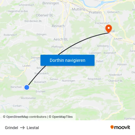 Grindel to Liestal map