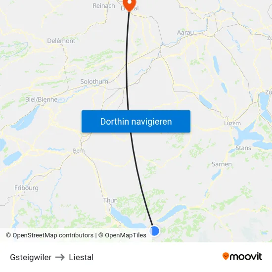 Gsteigwiler to Liestal map
