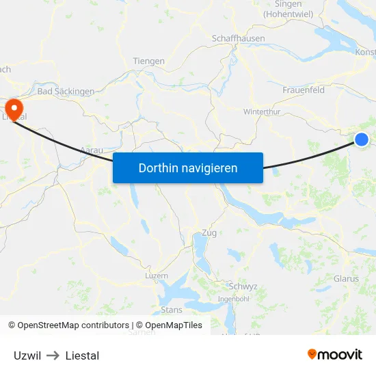 Uzwil to Liestal map