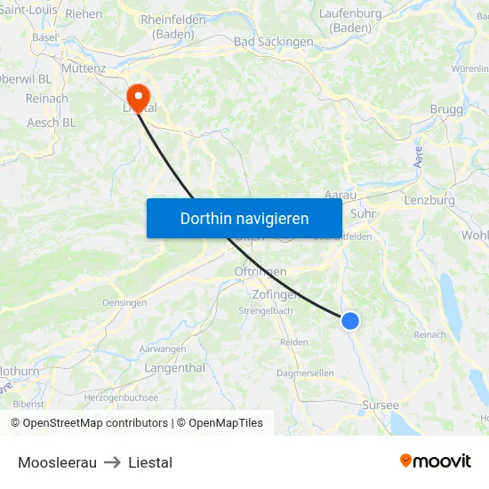 Moosleerau to Liestal map