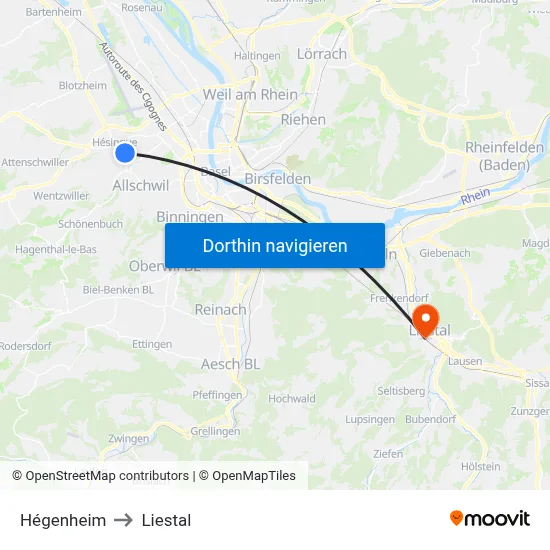 Hégenheim to Liestal map