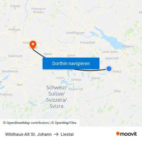 Wildhaus-Alt St. Johann to Liestal map