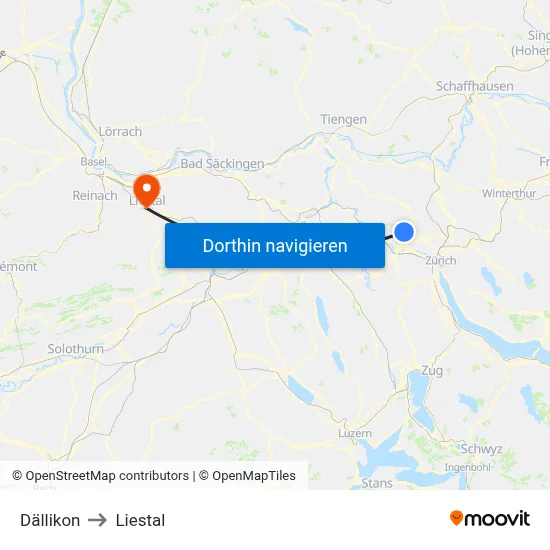 Dällikon to Liestal map