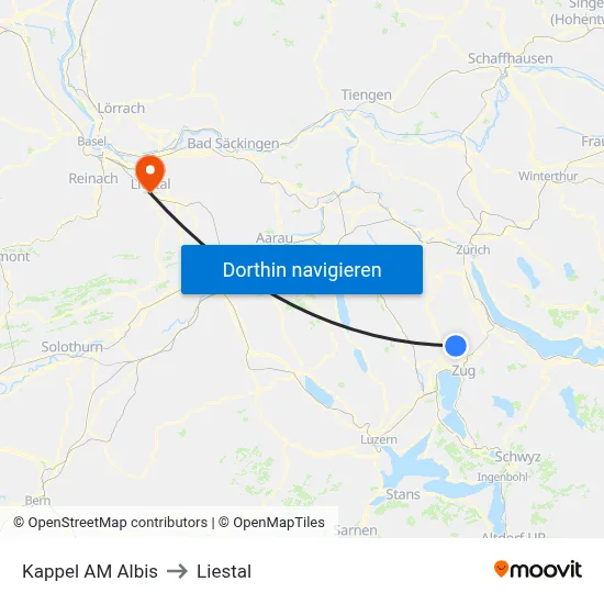 Kappel AM Albis to Liestal map