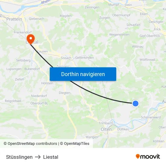 Stüsslingen to Liestal map