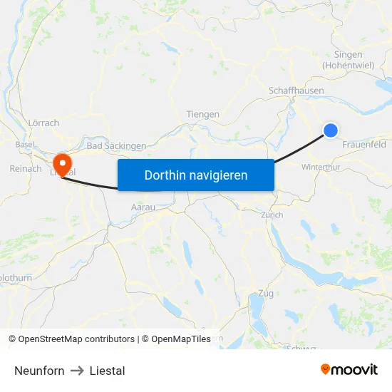 Neunforn to Liestal map