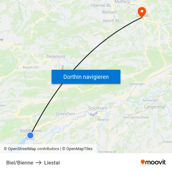 Biel/Bienne to Liestal map