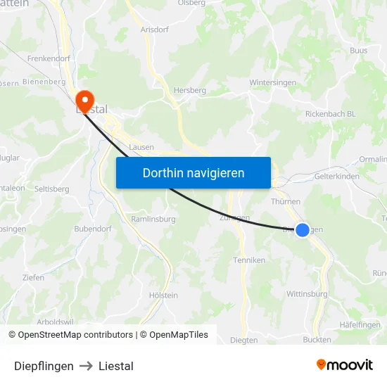 Diepflingen to Liestal map