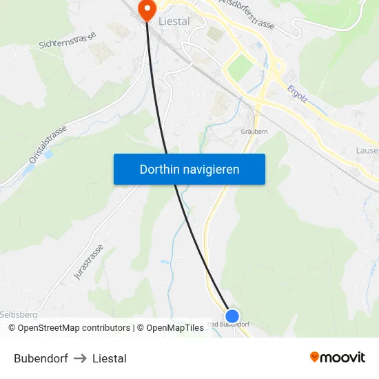 Bubendorf to Liestal map