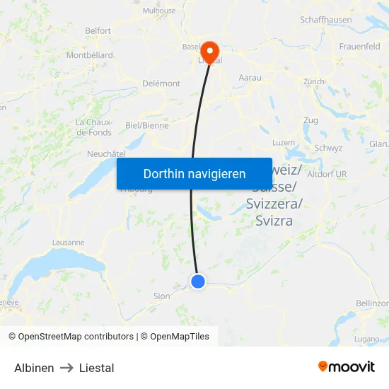 Albinen to Liestal map