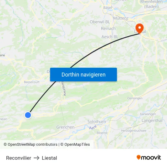 Reconvilier to Liestal map