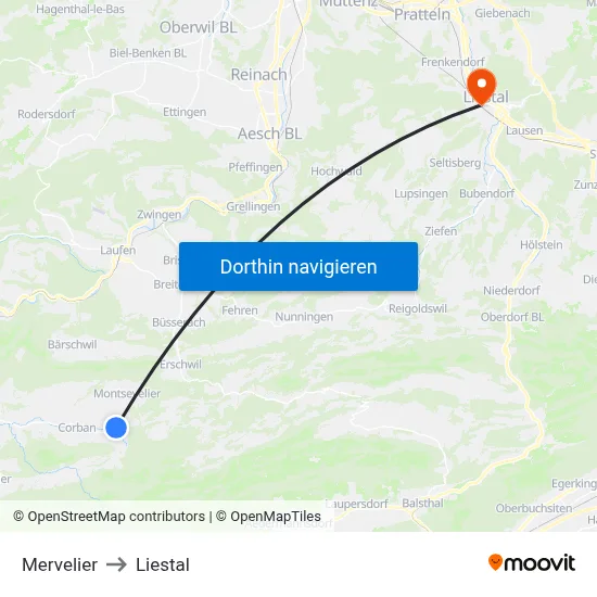 Mervelier to Liestal map